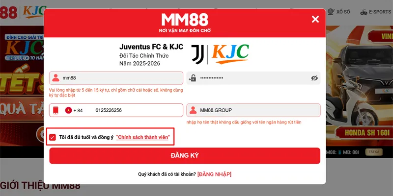 MM88 🌟 Cá Cược Cùng MM88.COM ✔️ Đăng Ký Thưởng +88K 19 Chọn đủ đuổi và đồng ý chính sách thành viên MM88